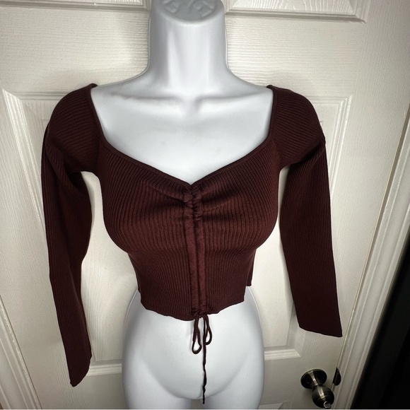 NWT Zara Women’s Medium Brown Rib Knit Off Shoulder Crop Top Sweater M - Picture 4 of 16